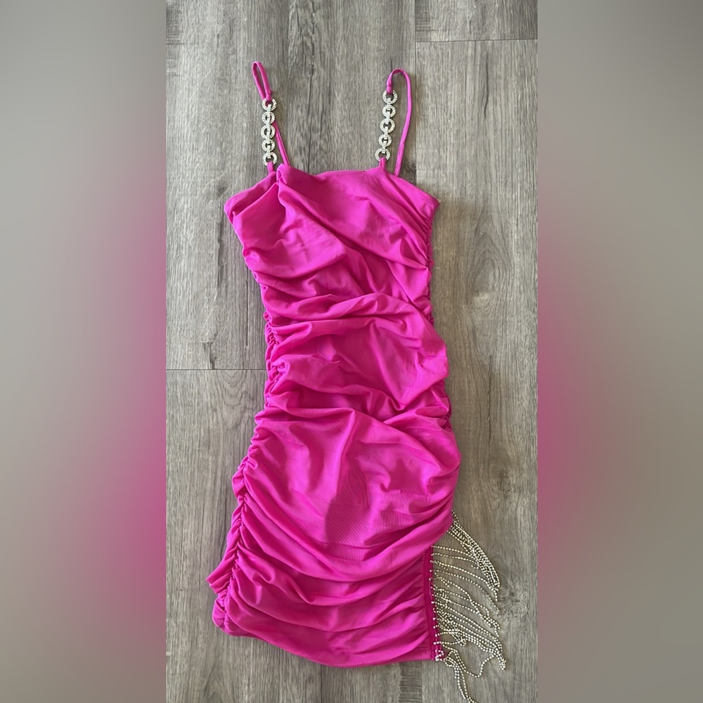 Ruched barbie pink minidress with rhinestone decor